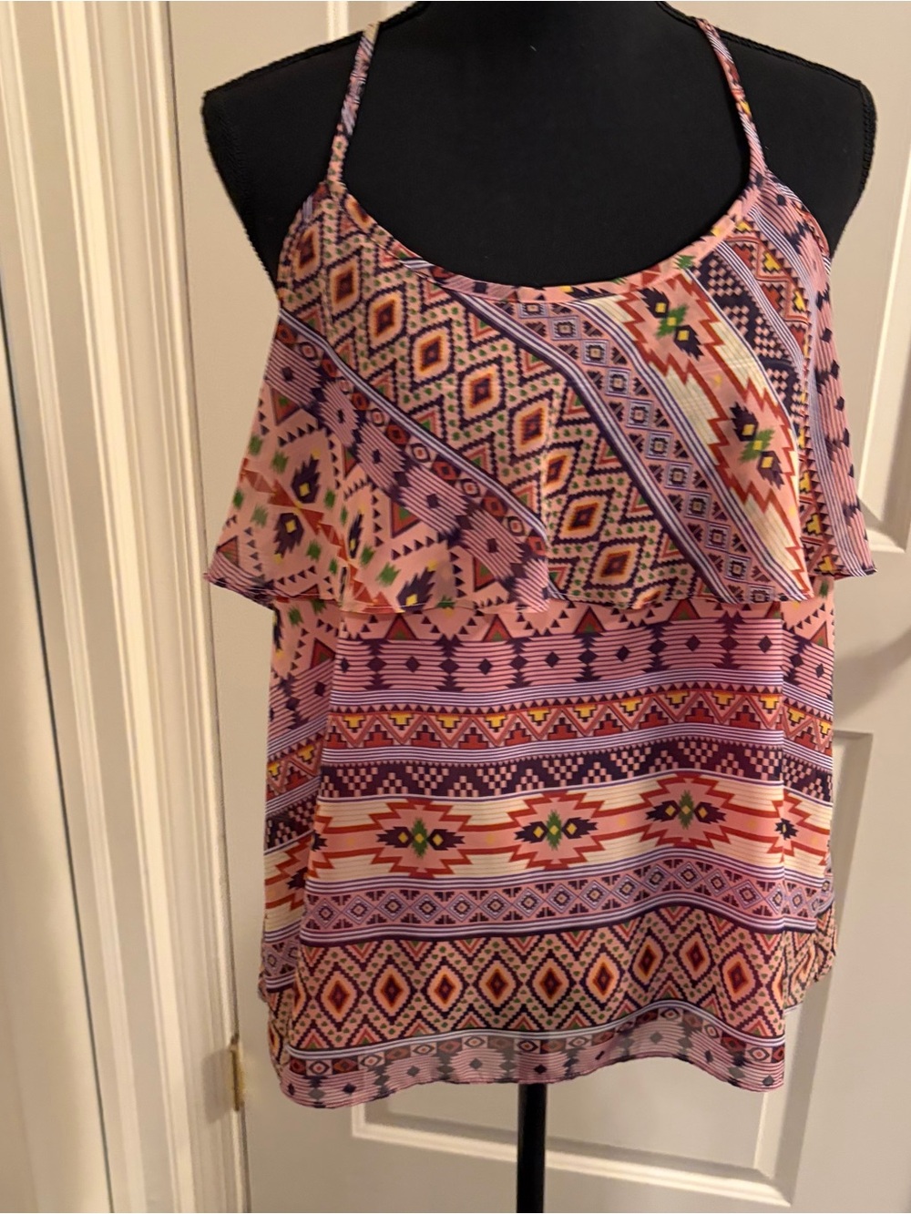 Women's Pink Aztec Print Ruffle Cami Top